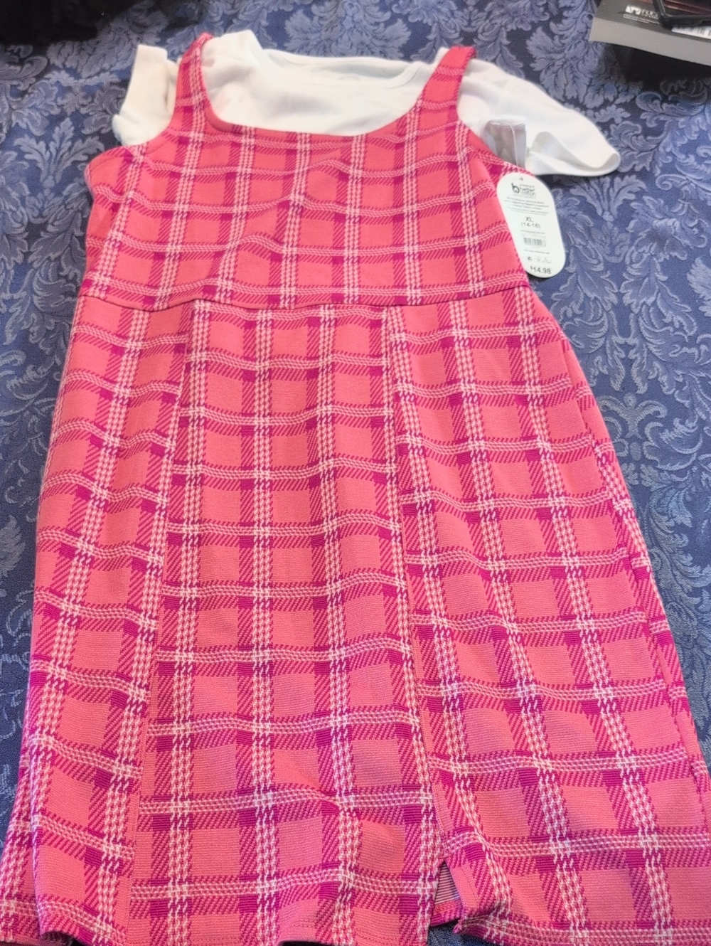 wonder nation Pink Plaid Pinafore Dress with White Tee
